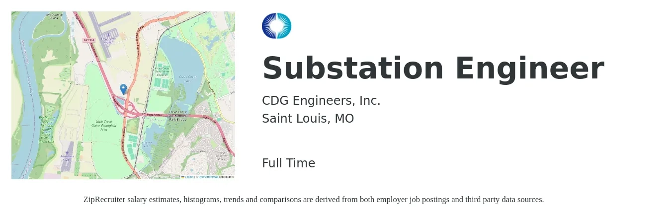 CDG Engineers, Inc. job posting for a Substation Engineer in Saint Louis, MO with a salary of $90,500 to $115,300 Yearly with a map of Saint Louis location.