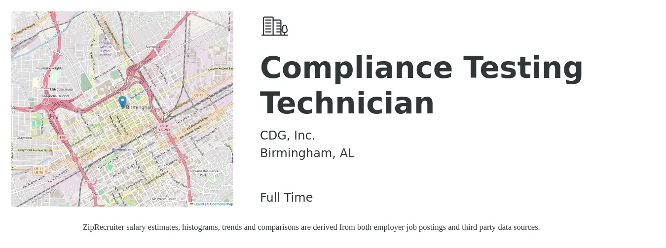 CDG, Inc. job posting for a Compliance Testing Technician in Birmingham, AL with a salary of $20 to $28 Hourly with a map of Birmingham location.