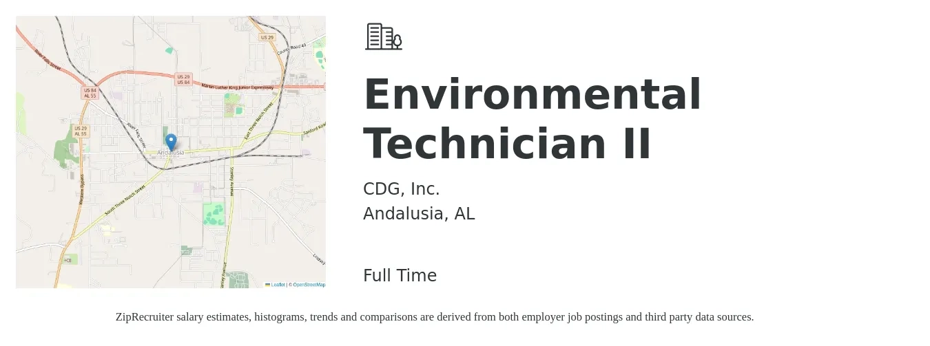CDG, Inc. job posting for a Environmental Technician II in Andalusia, AL with a salary of $16 to $23 Hourly with a map of Andalusia location.