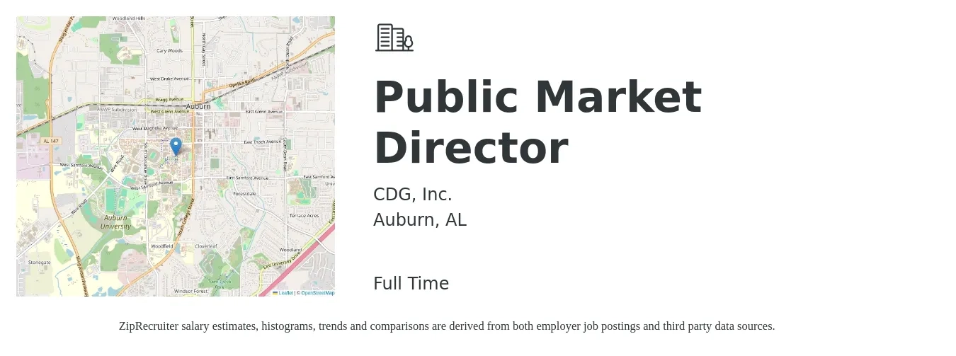 CDG, Inc. job posting for a Public Market Director in Auburn, AL with a salary of $92,300 to $139,100 Yearly with a map of Auburn location.