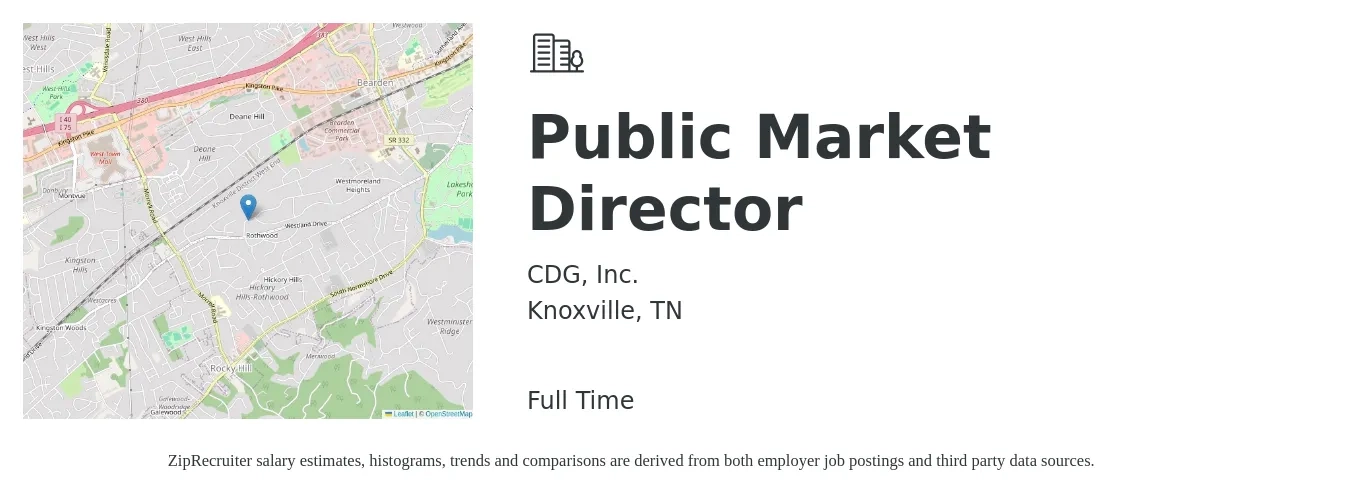 CDG, Inc. job posting for a Public Market Director in Knoxville, TN with a salary of $90,600 to $136,500 Yearly with a map of Knoxville location.