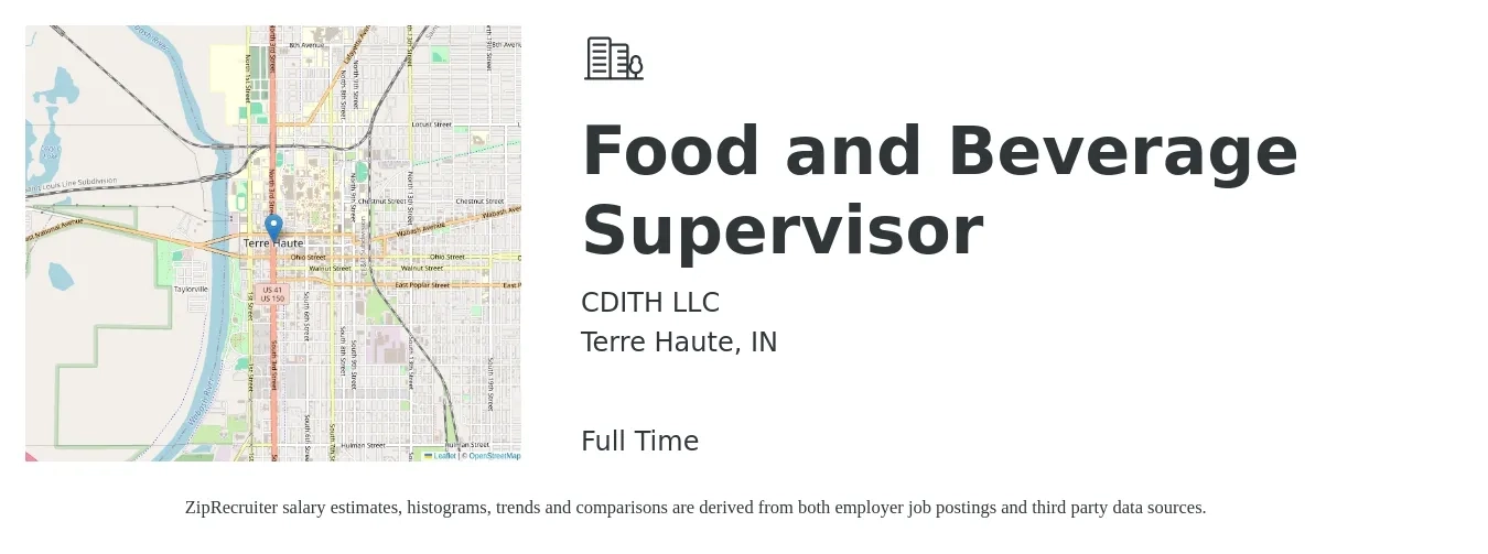 CDITH LLC job posting for a Food and Beverage Supervisor in Terre Haute, IN with a salary of $39,800 to $64,500 Yearly with a map of Terre Haute location.