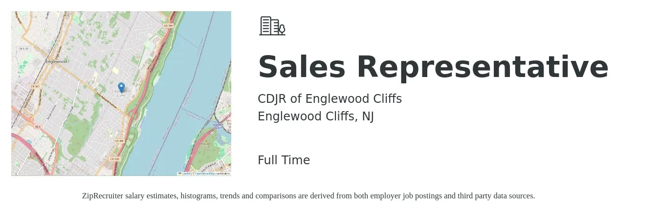 CDJR of Englewood Cliffs job posting for a Sales Representative in Englewood Cliffs, NJ with a salary of $54,600 to $94,800 Yearly with a map of Englewood Cliffs location.