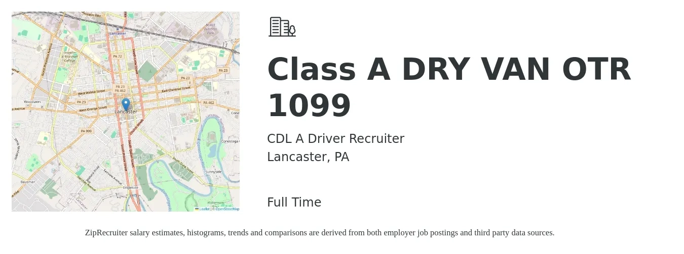 CDL A Driver Recruiter job posting for a Class A DRY VAN OTR 1099 in Lancaster, PA with a salary of $1,400 to $1,600 Weekly with a map of Lancaster location.