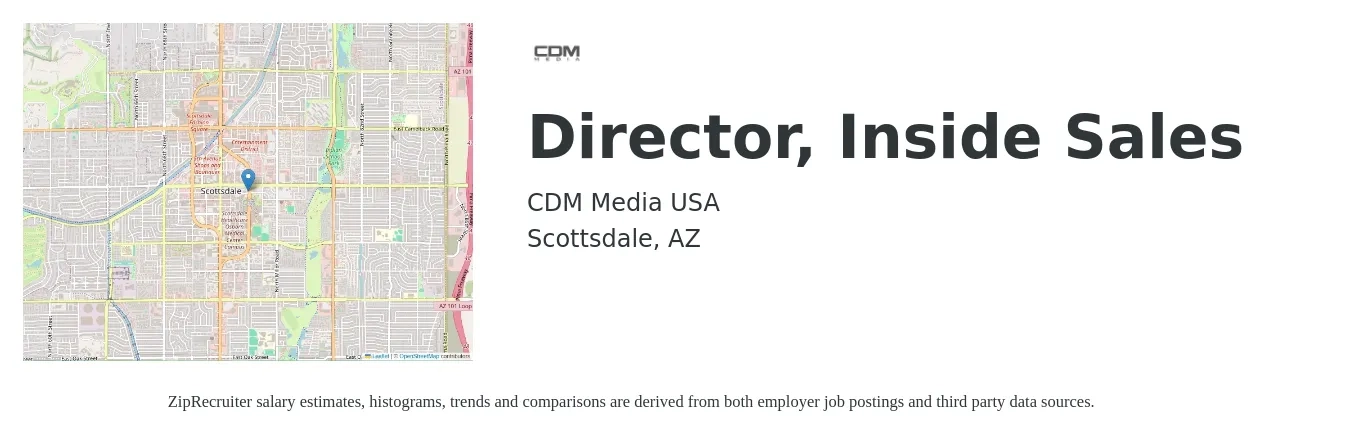 CDM Media USA job posting for a Director, Inside Sales in Scottsdale, AZ with a salary of $127,800 to $211,300 Yearly with a map of Scottsdale location.