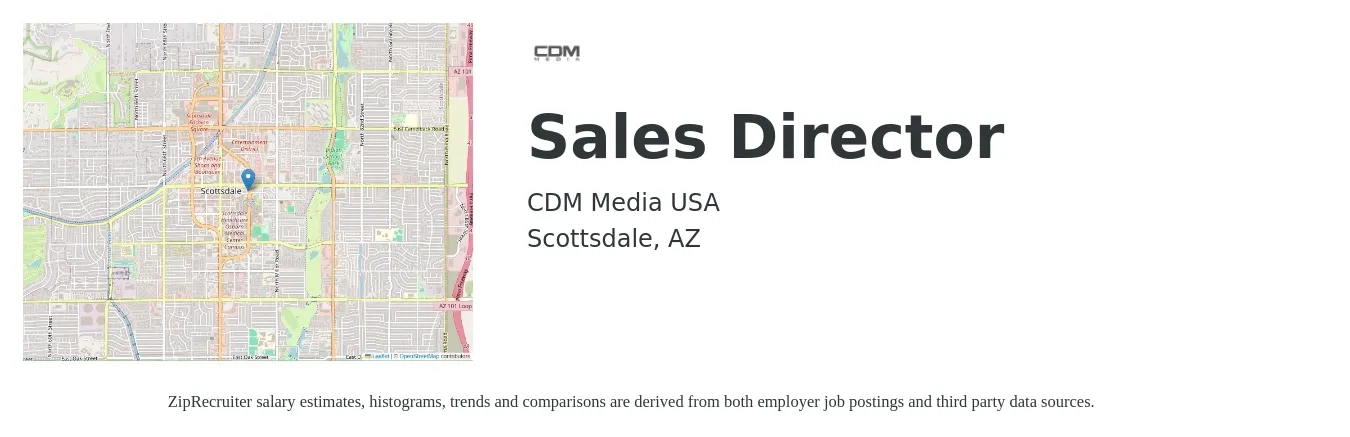 CDM Media USA job posting for a Sales Director in Scottsdale, AZ with a salary of $71,000 to $125,800 Yearly with a map of Scottsdale location.
