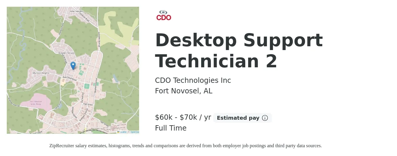 CDO Technologies Inc job posting for a Desktop Support Technician 2 in Fort Novosel, AL with a salary of $60,000 to $70,000 Yearly with a map of Fort Novosel location.