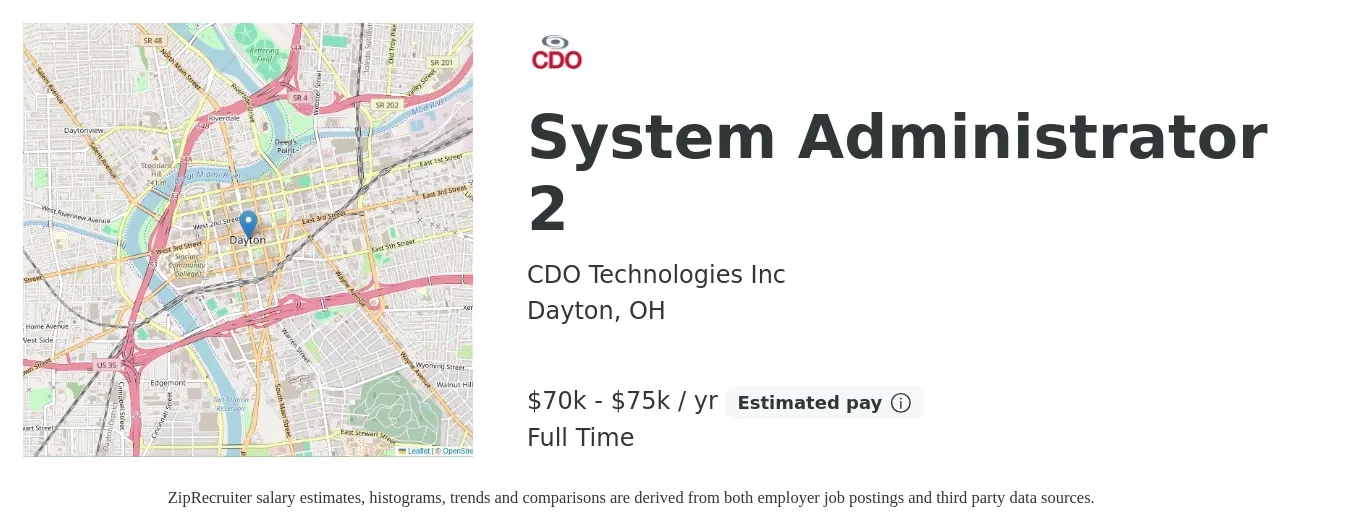 CDO Technologies Inc job posting for a System Administrator 2 in Dayton, OH with a salary of $70,000 to $75,000 Yearly with a map of Dayton location.