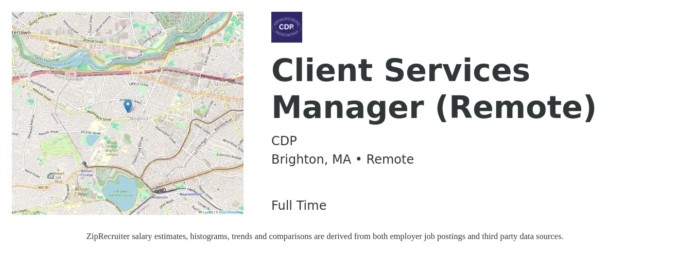 CDP job posting for a Client Services Manager (Remote) in Brighton, MA with a salary of $54,500 to $90,500 Yearly with a map of Brighton location.