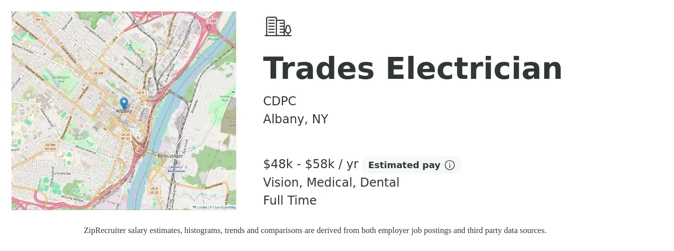 CDPC job posting for a Trades Electrician in Albany, NY with a salary of $48,956 to $58,214 Yearly and benefits including medical, retirement, vision, dental, and life_insurance with a map of Albany location.
