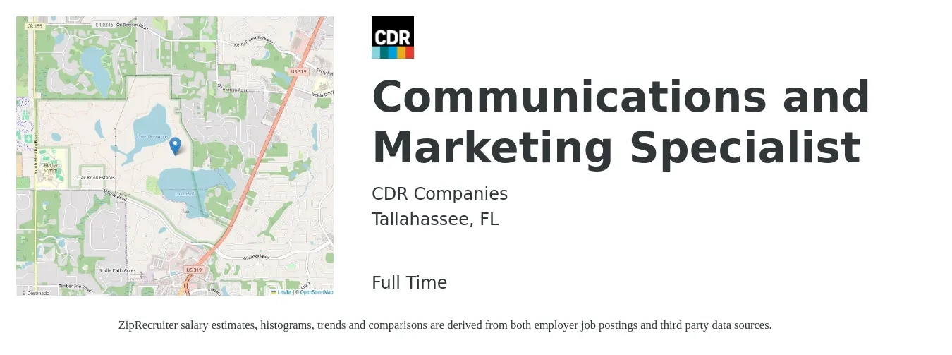 CDR Companies job posting for a Communications and Marketing Specialist in Tallahassee, FL with a salary of $57,500 to $75,500 Yearly with a map of Tallahassee location.