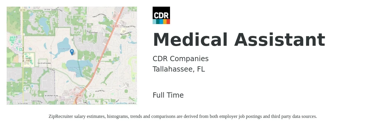 CDR Companies job posting for a Medical Assistant in Tallahassee, FL with a salary of $15 to $19 Hourly with a map of Tallahassee location.