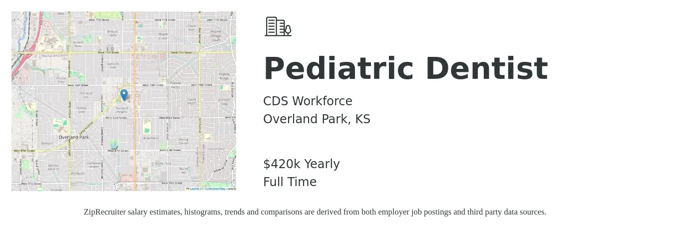CDS Workforce job posting for a Pediatric Dentist in Overland Park, KS with a salary of $420,000 Yearly with a map of Overland Park location.