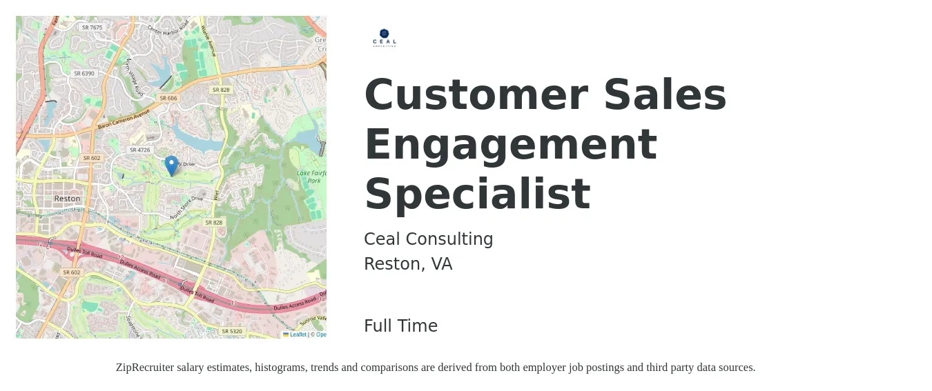 Ceal Consulting job posting for a Customer Sales Engagement Specialist in Reston, VA with a salary of $18 to $30 Hourly with a map of Reston location.
