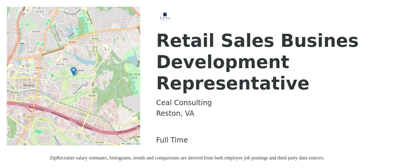Ceal Consulting job posting for a Retail Sales Busines Development Representative in Reston, VA with a salary of $16 to $23 Hourly with a map of Reston location.