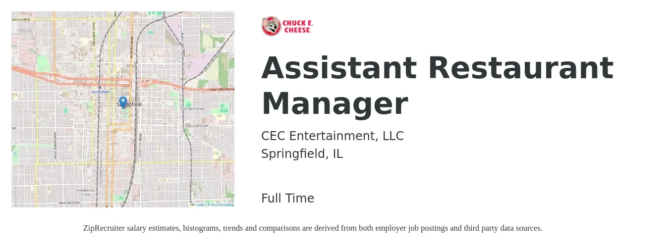CEC Entertainment, LLC job posting for a Assistant Restaurant Manager in Springfield, IL with a salary of $17 to $24 Hourly with a map of Springfield location.