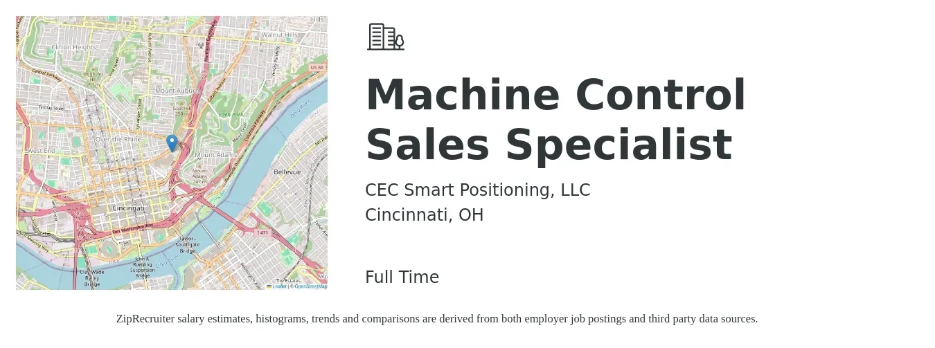 CEC Smart Positioning, LLC job posting for a Machine Control Sales Specialist in Cincinnati, OH with a salary of $44,200 to $73,500 Yearly with a map of Cincinnati location.