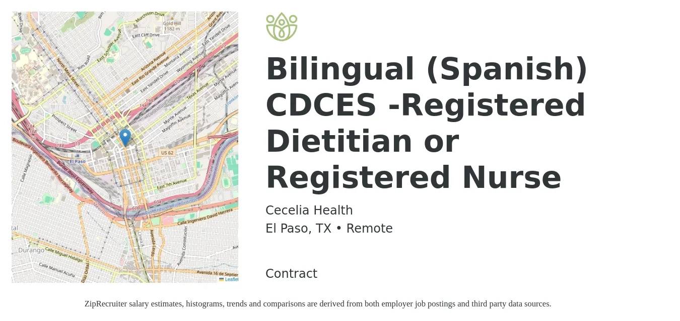 Cecelia Health job posting for a Bilingual (Spanish) CDCES -Registered Dietitian or Registered Nurse in El Paso, TX with a salary of $32 to $50 Hourly with a map of El Paso location.
