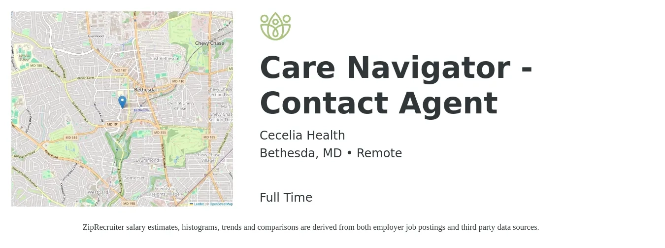 Cecelia Health job posting for a Care Navigator - Contact Agent in Bethesda, MD with a salary of $22 to $29 Hourly with a map of Bethesda location.