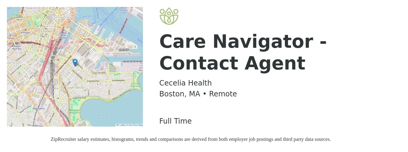 Cecelia Health job posting for a Care Navigator - Contact Agent in Boston, MA with a salary of $23 to $29 Hourly with a map of Boston location.