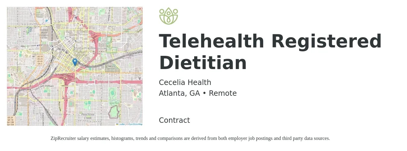 Cecelia Health job posting for a Telehealth Registered Dietitian in Atlanta, GA with a salary of $40 Hourly with a map of Atlanta location.