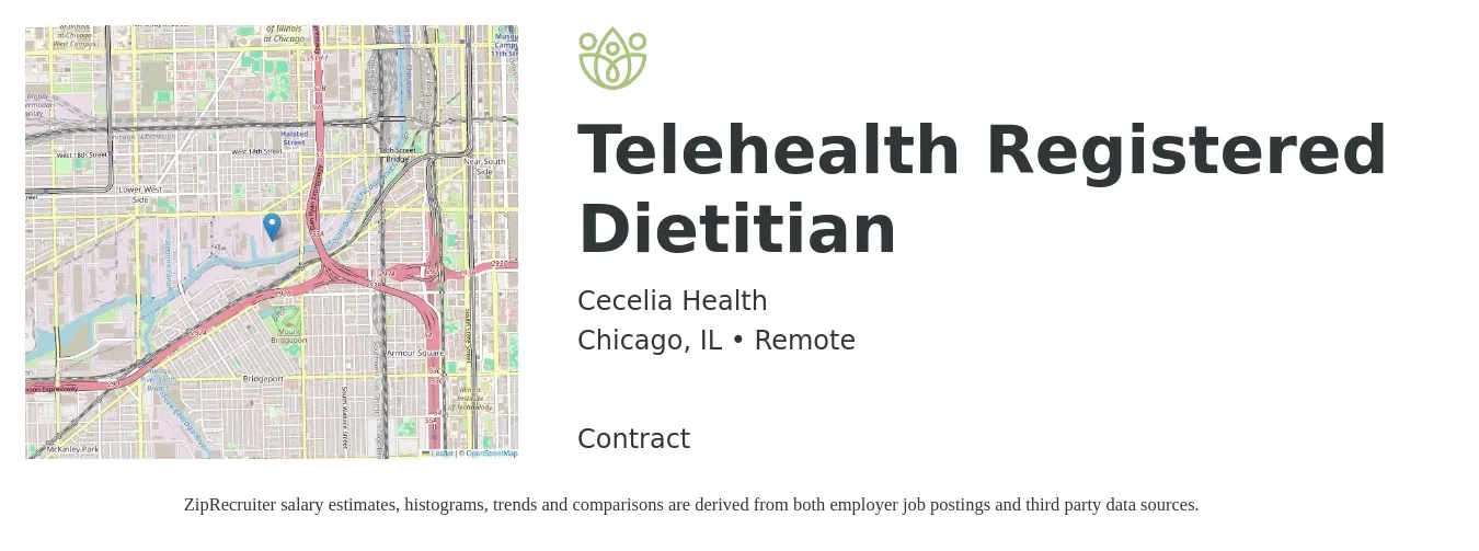 Cecelia Health job posting for a Telehealth Registered Dietitian in Chicago, IL with a salary of $40 Hourly with a map of Chicago location.