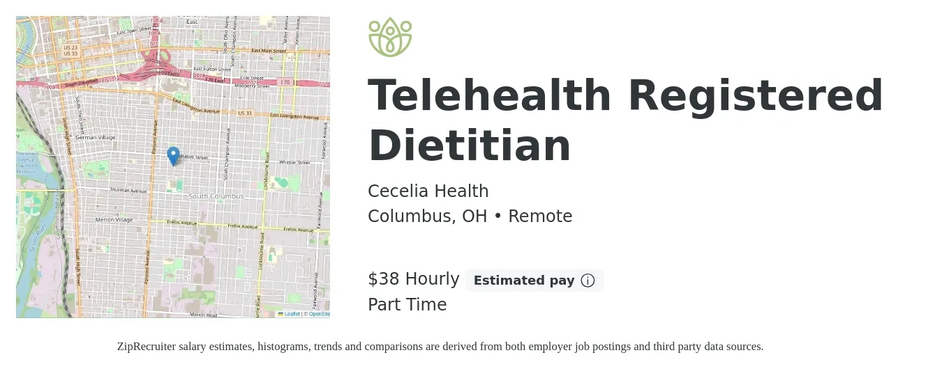 Cecelia Health job posting for a Telehealth Registered Dietitian in Columbus, OH with a salary of $40 Hourly with a map of Columbus location.