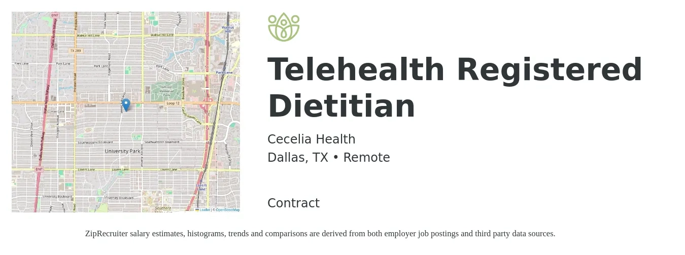 Cecelia Health job posting for a Telehealth Registered Dietitian in Dallas, TX with a salary of $40 Hourly with a map of Dallas location.