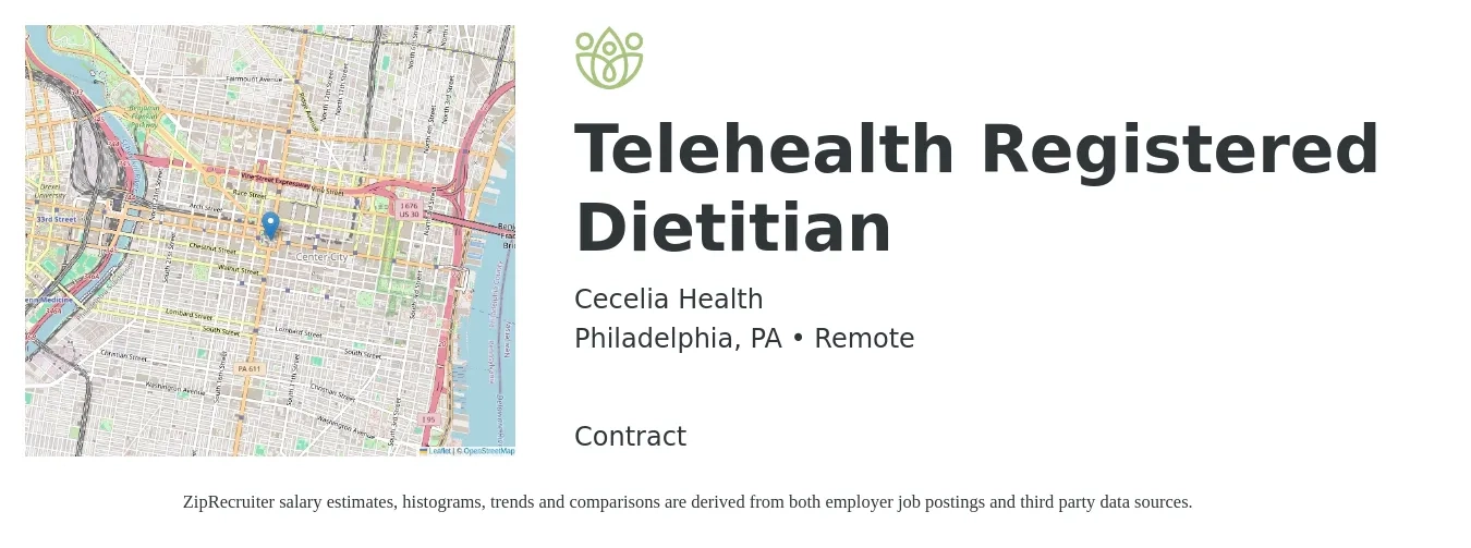 Cecelia Health job posting for a Telehealth Registered Dietitian in Philadelphia, PA with a salary of $40 Hourly with a map of Philadelphia location.
