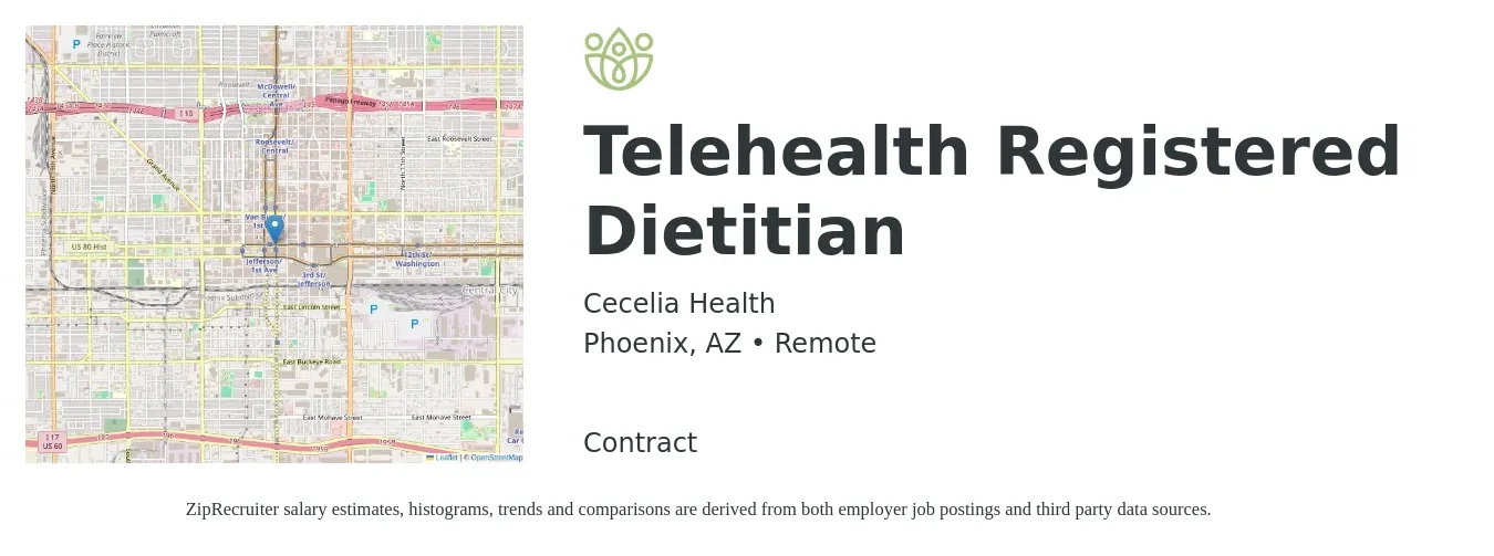 Cecelia Health job posting for a Telehealth Registered Dietitian in Phoenix, AZ with a salary of $40 Hourly with a map of Phoenix location.