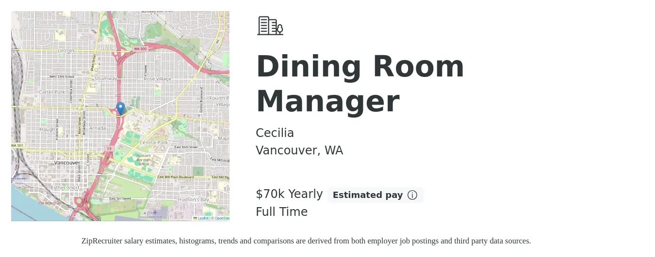 Cecilia job posting for a Dining Room Manager in Vancouver, WA with a salary of $70,000 Yearly with a map of Vancouver location.