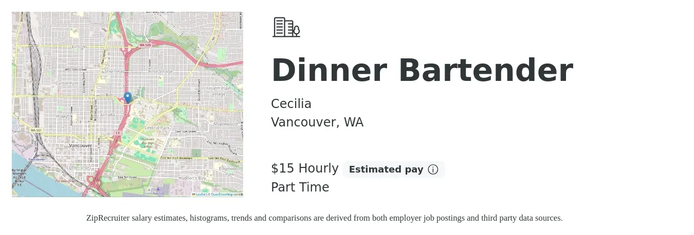 Cecilia job posting for a Dinner Bartender in Vancouver, WA with a salary of $16 Hourly with a map of Vancouver location.