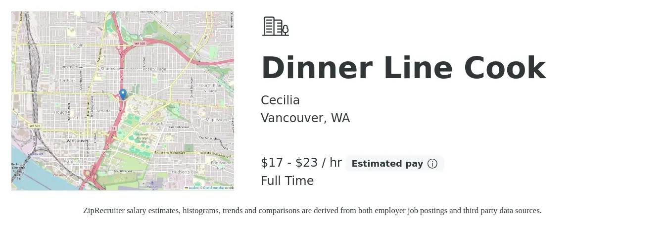 Cecilia job posting for a Dinner Line Cook in Vancouver, WA with a salary of $18 to $24 Hourly with a map of Vancouver location.