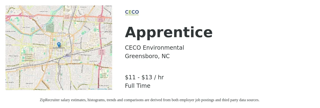 CECO Environmental job posting for a Apprentice in Greensboro, NC with a salary of $12 to $14 Hourly with a map of Greensboro location.