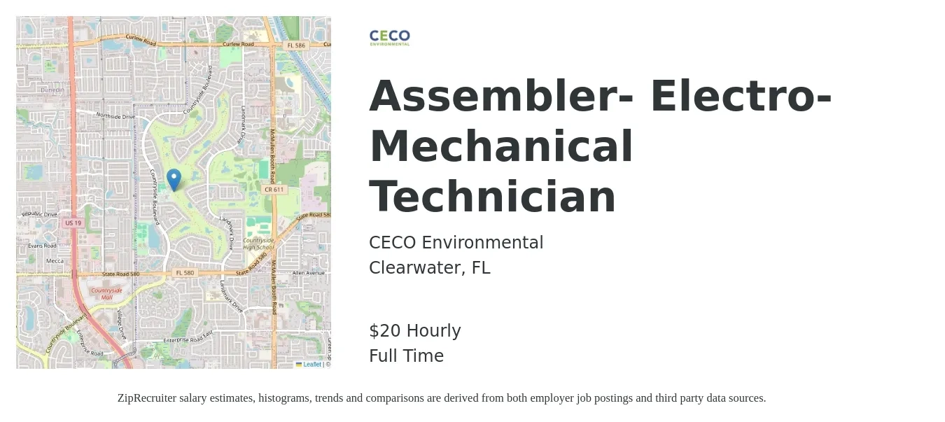 CECO Environmental job posting for a Assembler- Electro-Mechanical Technician in Clearwater, FL with a salary of $21 Hourly with a map of Clearwater location.