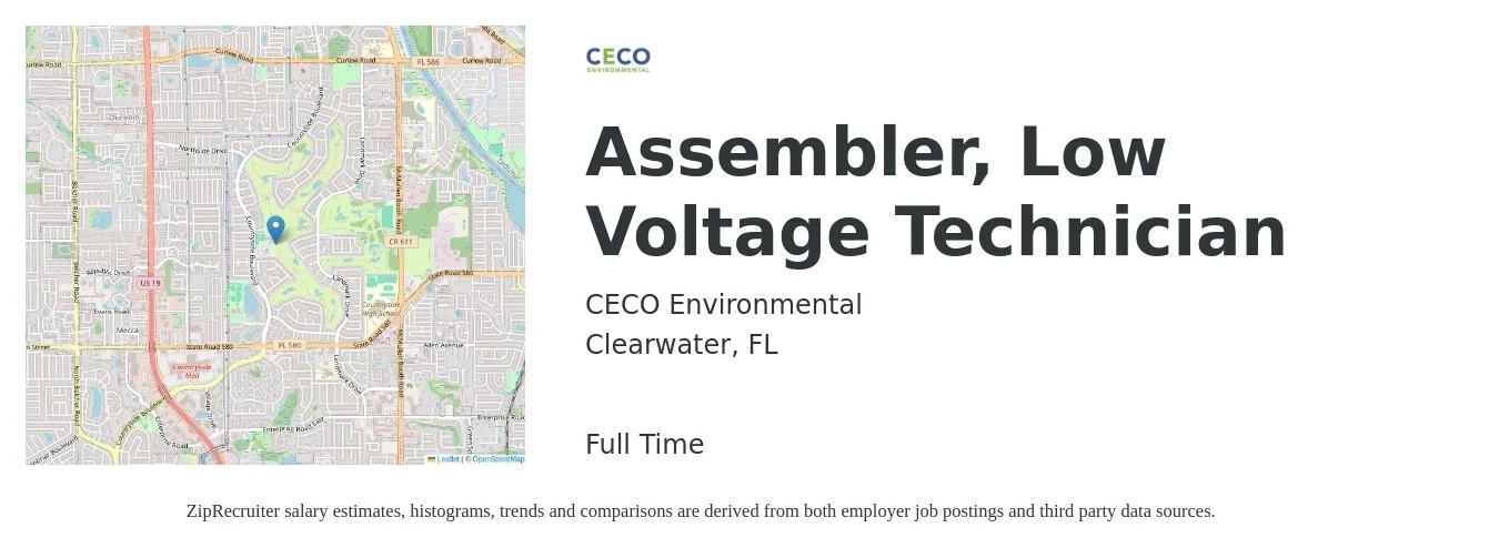 CECO Environmental job posting for a Assembler, Low Voltage Technician in Clearwater, FL with a salary of $15 to $20 Hourly with a map of Clearwater location.