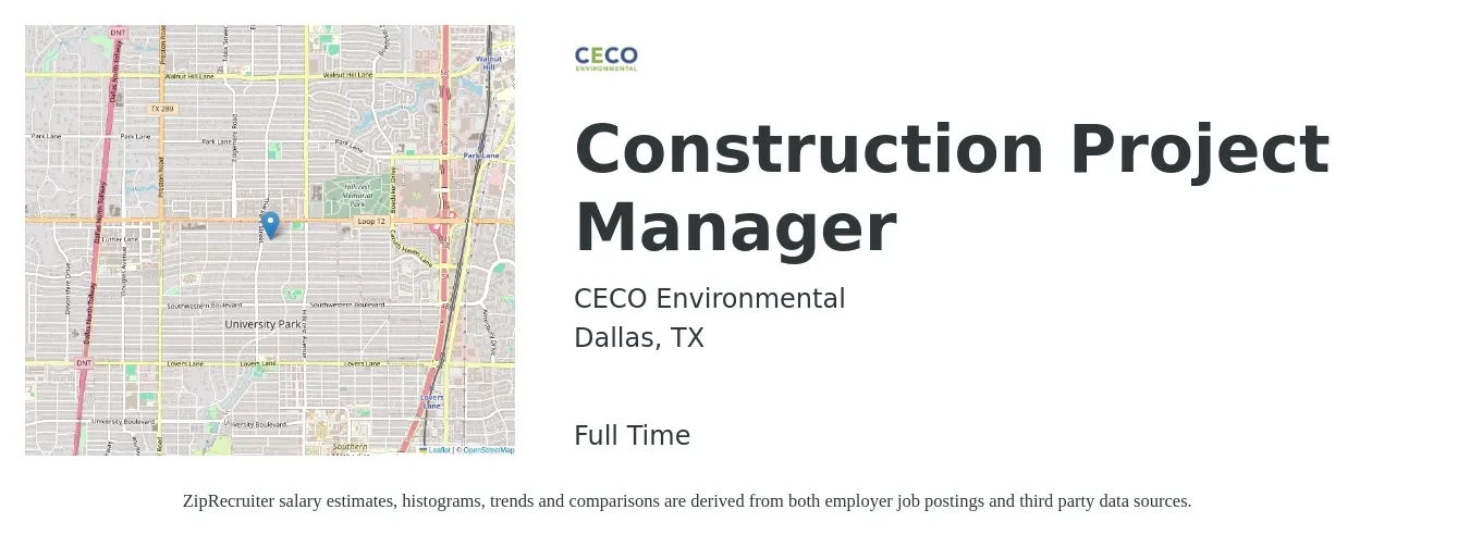 CECO Environmental job posting for a Construction Project Manager in Dallas, TX with a salary of $72,800 to $115,400 Yearly with a map of Dallas location.