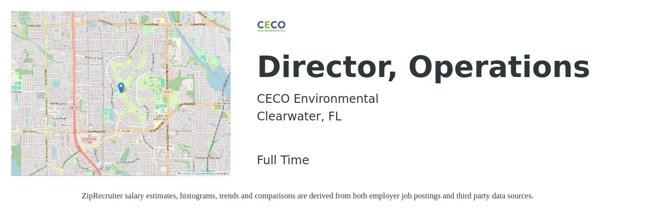 CECO Environmental job posting for a Director, Operations in Clearwater, FL with a salary of $66,600 to $119,600 Yearly with a map of Clearwater location.