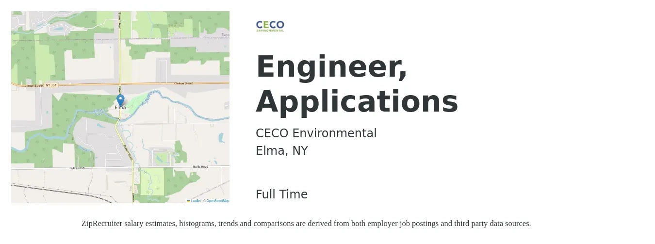 CECO Environmental job posting for a Engineer, Applications in Elma, NY with a salary of $81,800 to $131,400 Yearly with a map of Elma location.
