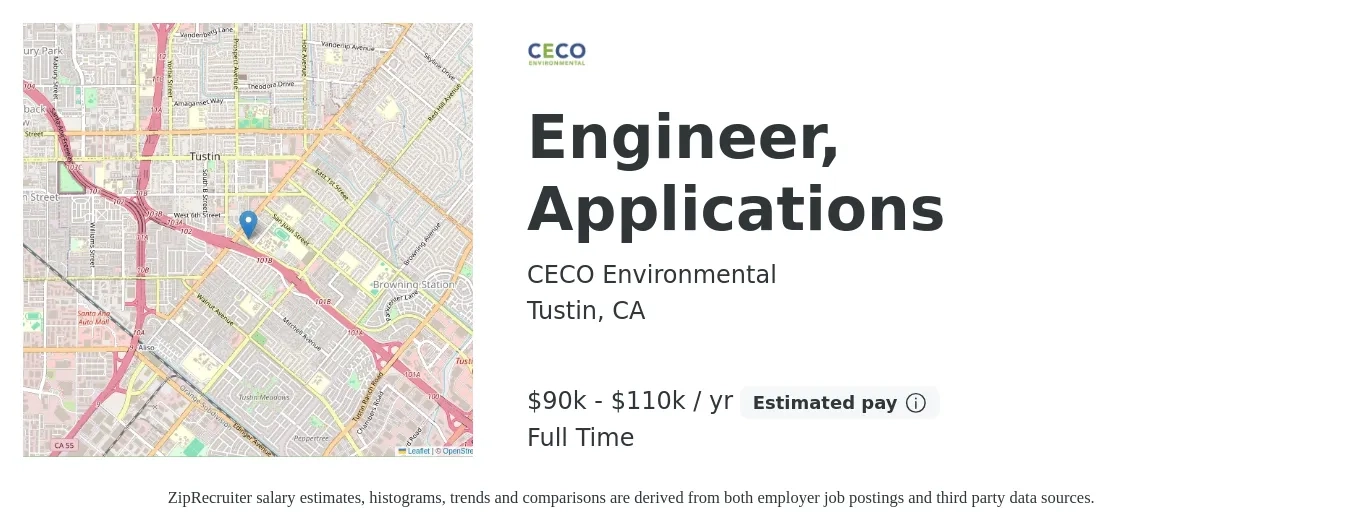 CECO Environmental job posting for a Engineer, Applications in Tustin, CA with a salary of $99,115 to $129,428 Yearly with a map of Tustin location.