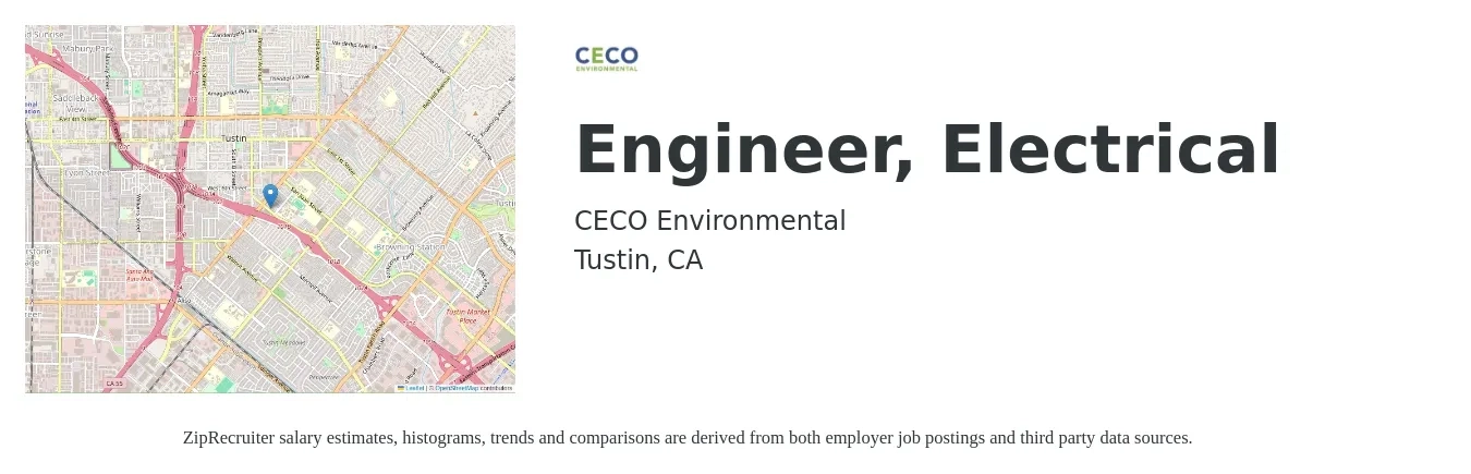 CECO Environmental job posting for a Engineer, Electrical in Tustin, CA with a salary of $83,834 to $99,033 Yearly with a map of Tustin location.