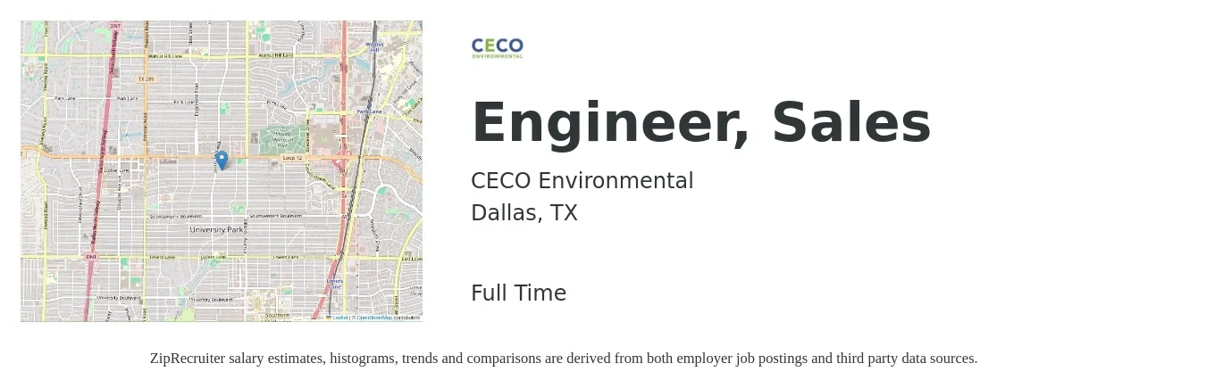 CECO Environmental job posting for a Engineer, Sales in Dallas, TX with a salary of $72,800 to $109,100 Yearly with a map of Dallas location.