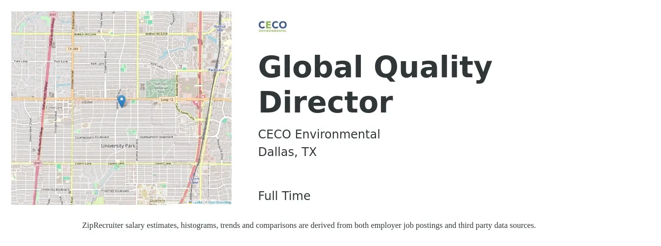 CECO Environmental job posting for a Global Quality Director in Dallas, TX with a salary of $88,300 to $146,500 Yearly with a map of Dallas location.