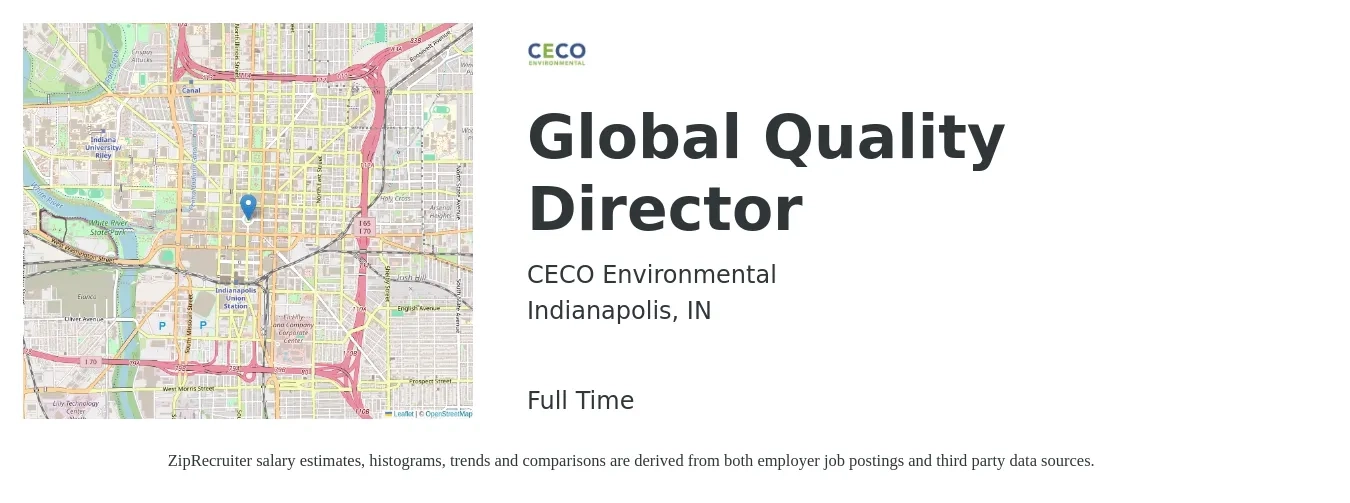 CECO Environmental job posting for a Global Quality Director in Indianapolis, IN with a salary of $87,000 to $144,300 Yearly with a map of Indianapolis location.