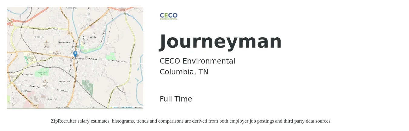 CECO Environmental job posting for a Journeyman in Columbia, TN with a salary of $16 to $22 Hourly with a map of Columbia location.