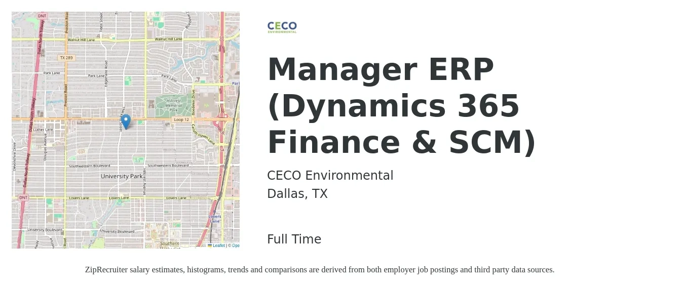 CECO Environmental job posting for a Manager ERP (Dynamics 365 Finance & SCM) in Dallas, TX with a salary of $87,300 to $132,900 Yearly with a map of Dallas location.