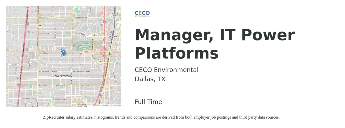 CECO Environmental job posting for a Manager, IT Power Platforms in Dallas, TX with a salary of $92,200 to $113,000 Yearly with a map of Dallas location.