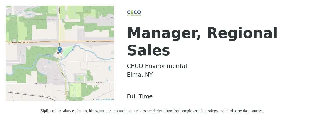 CECO Environmental job posting for a Manager, Regional Sales in Elma, NY with a salary of $70,100 to $109,500 Yearly with a map of Elma location.