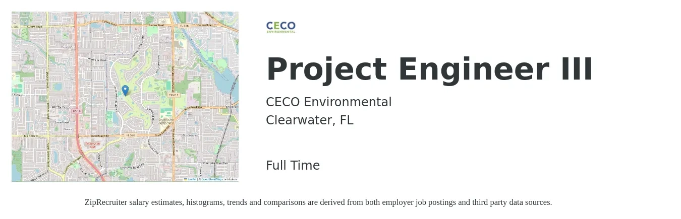 CECO Environmental job posting for a Project Engineer III in Clearwater, FL with a salary of $68,000 to $92,700 Yearly with a map of Clearwater location.