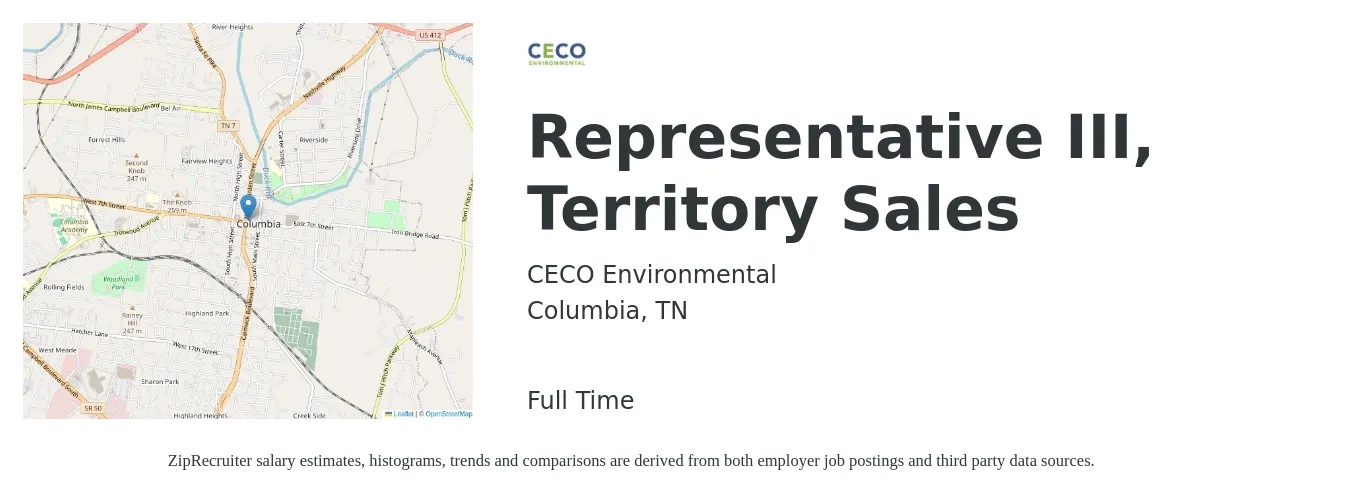 CECO Environmental job posting for a Representative III, Territory Sales in Columbia, TN with a salary of $42,700 to $71,000 Yearly with a map of Columbia location.